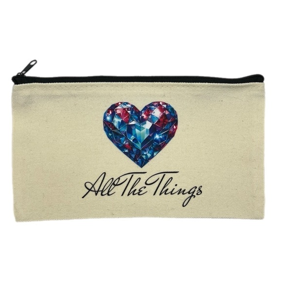 Canvas Zip Top Cosmetics Makeup Accessories Bag Gem Heart ‘All The Things’ Print - Picture 2 of 7
